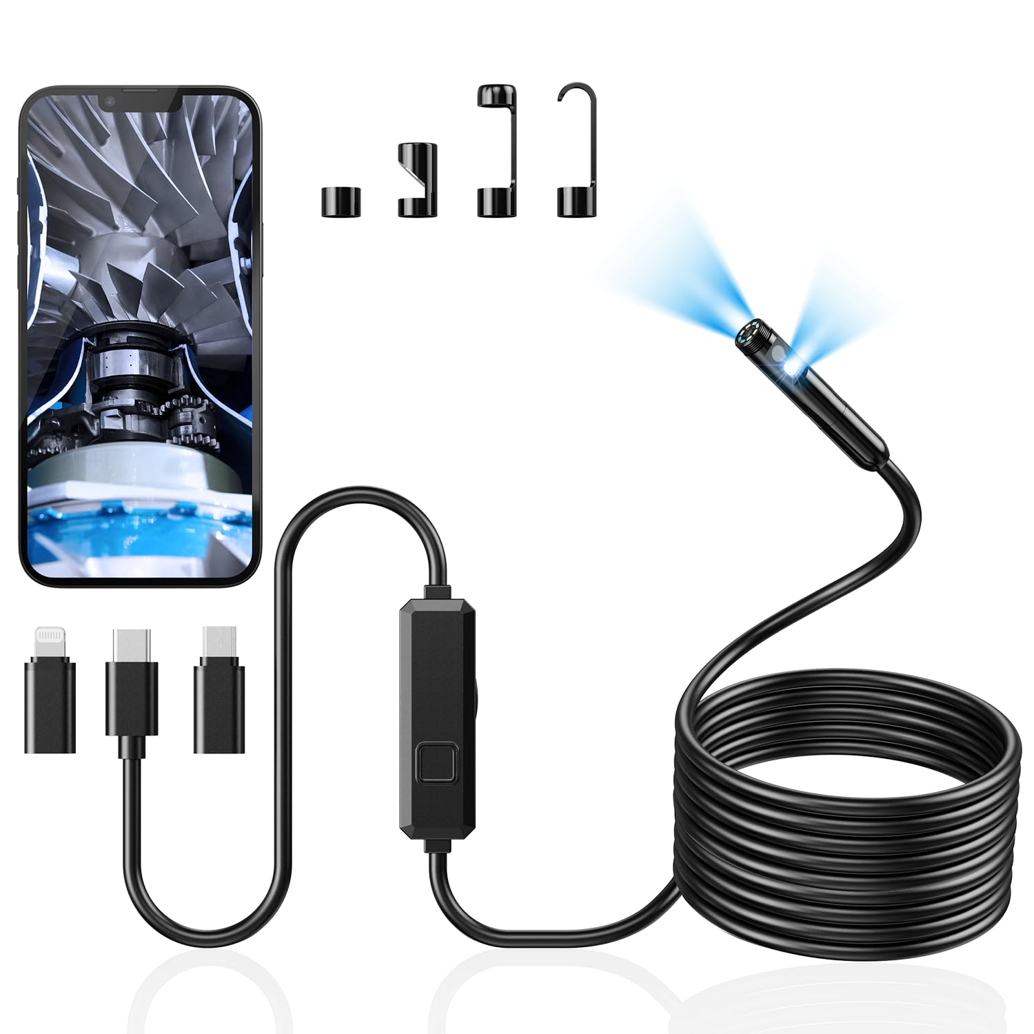 Endoscope Camera with Light, Dual-Lens 1920P HD Borescope with 8 Adjustable LED Lights, IP67 Waterproof Boroscope Inspection Tools, 16.4ft Semi-Rigid Snake Camera for iOS & Android