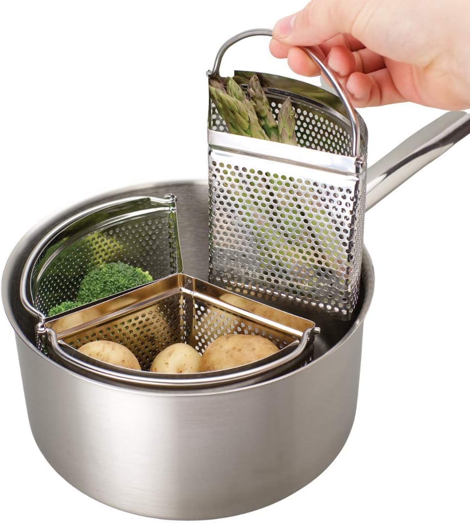 Family Saucepan Triple Pan Divider Separator Set - Saves Cooking Space & Energy. Three Part 18cm Stainless Steel Strainer. Vegetables, Potatoes, Boiled Eggs. Pan Not Included. Caravan Accessory