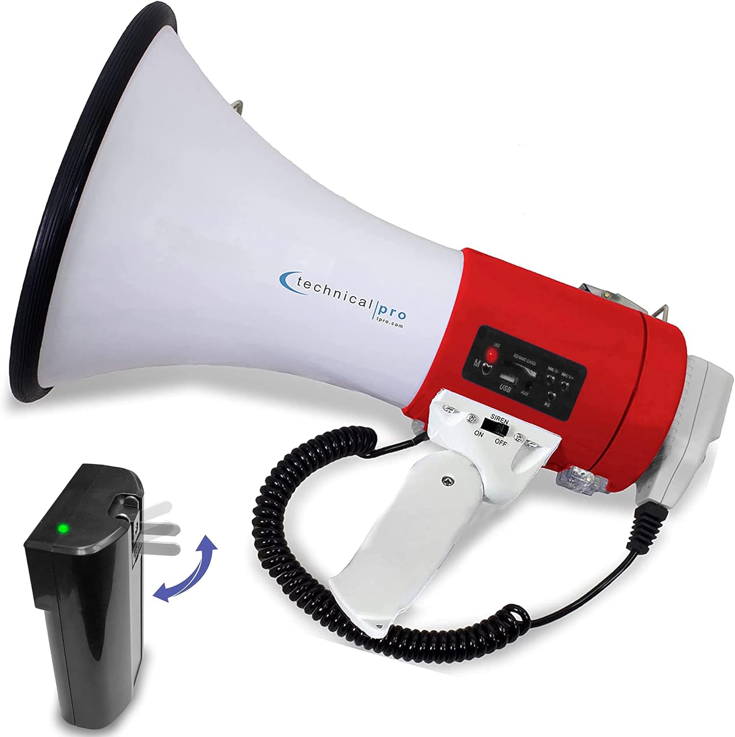 Technical Pro Portable 75-Watt Megaphone Bullhorn Speaker w/Detachable Microphone w/Rechargeable Battery, a Built-in AC Wall Charger, Good for Trainers, Soccer, Coaches, Cheer Leaders