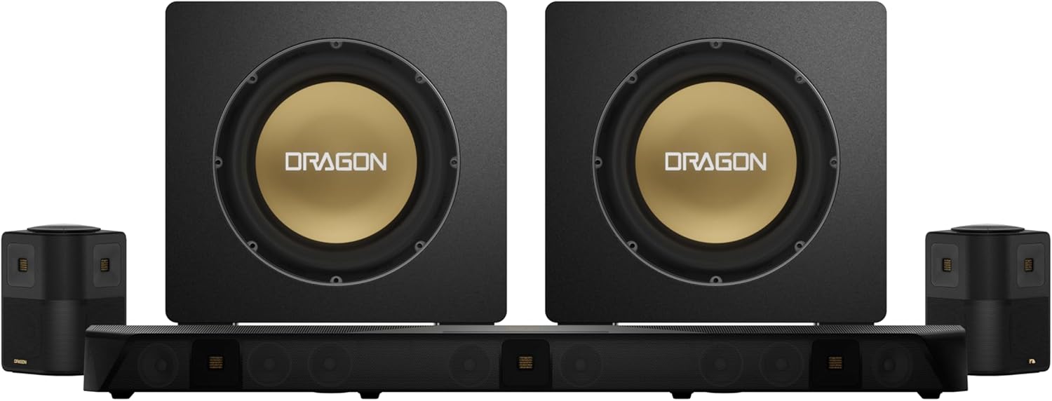 Nakamichi Dragon Home Surround Sound System with Dual 12" Subwoofers, Dolby Atmos and DTS:X Pro. Soundbar Meets AV Receiver