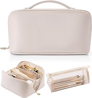 Vlando Travel Makeup Bag, Make up Bag Travel Toiletry Bag for Women Open Flat Makeup Organizer with Divider and Handle,Christmas Gifts for Women-White