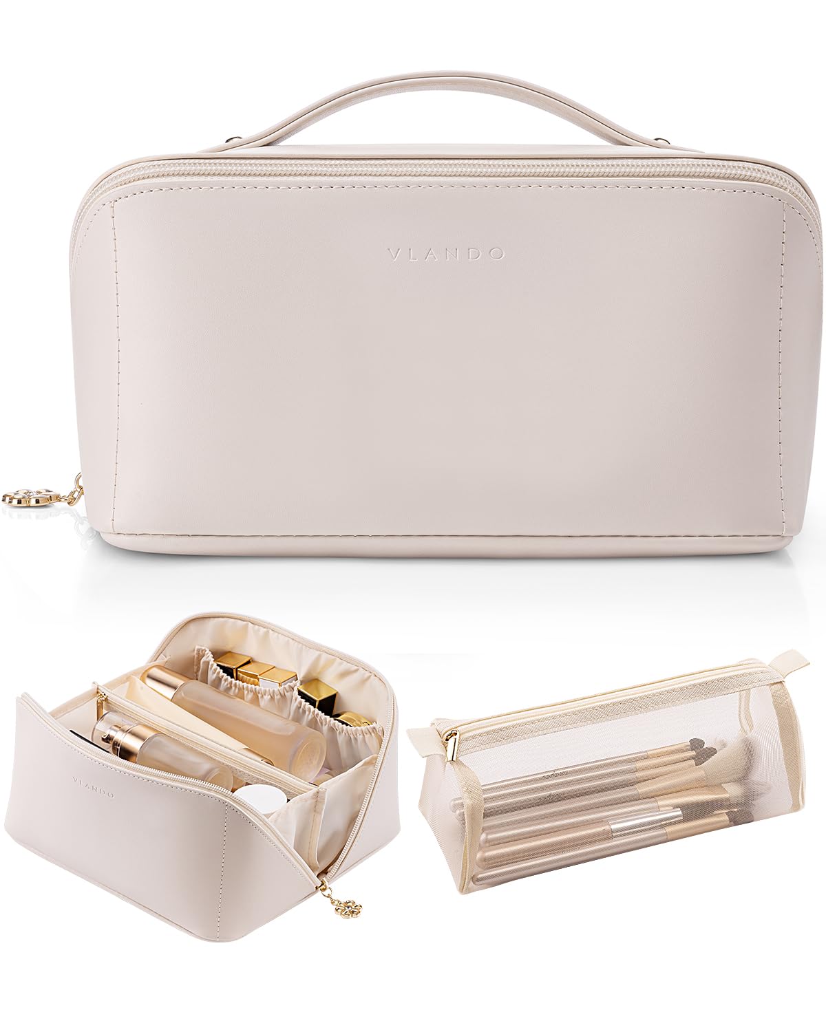 Vlando Travel Makeup Bag, Make up Bag Travel Toiletry Bag for Women Open Flat Makeup Organizer with Divider and Handle,Christmas Gifts for Women-White