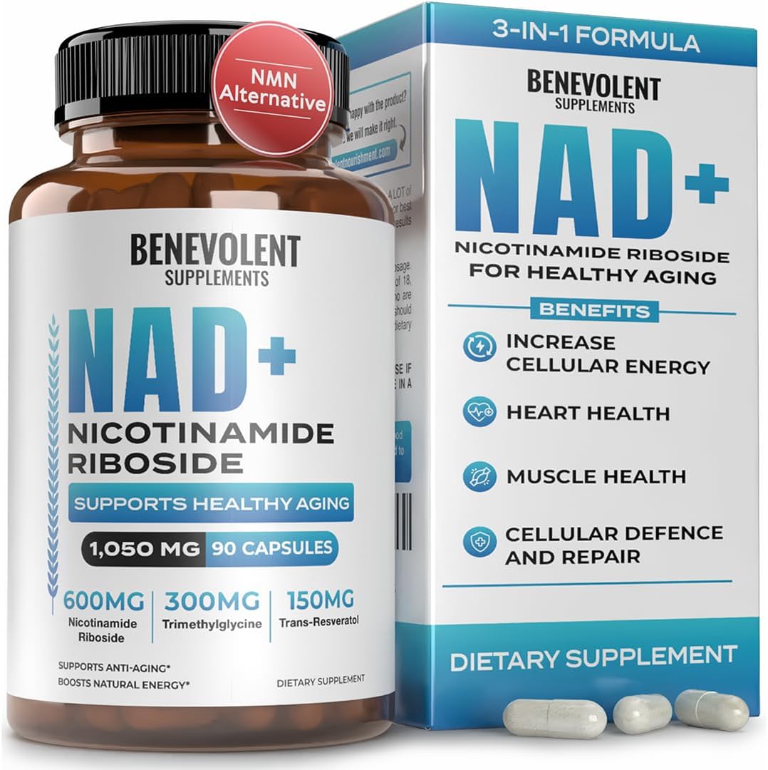 Benevolent NAD+ Supplement 1050mg, Max Absorption 3in1 NAD Supplements for Women & Men with Nicotinamide Riboside, Trans-Resveratrol & TMG, NAD Plus for Cellular Energy, Brain Support & Aging, 90 Caps