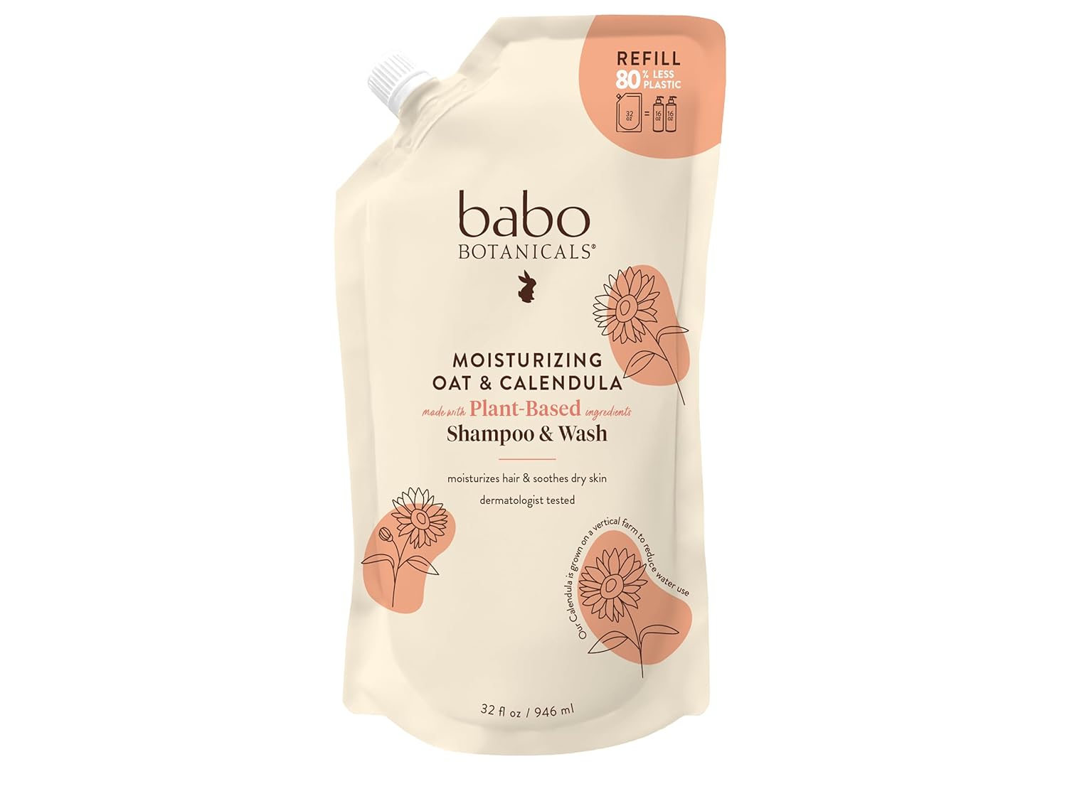 Babo Botanicals Moisturizing Oat & Calendula 2-in-1 Shampoo & Wash - for Dry or Sensitive Skin - for All Ages - Lightly Scented - Vegan - Refill pouch 32 fl.oz.
