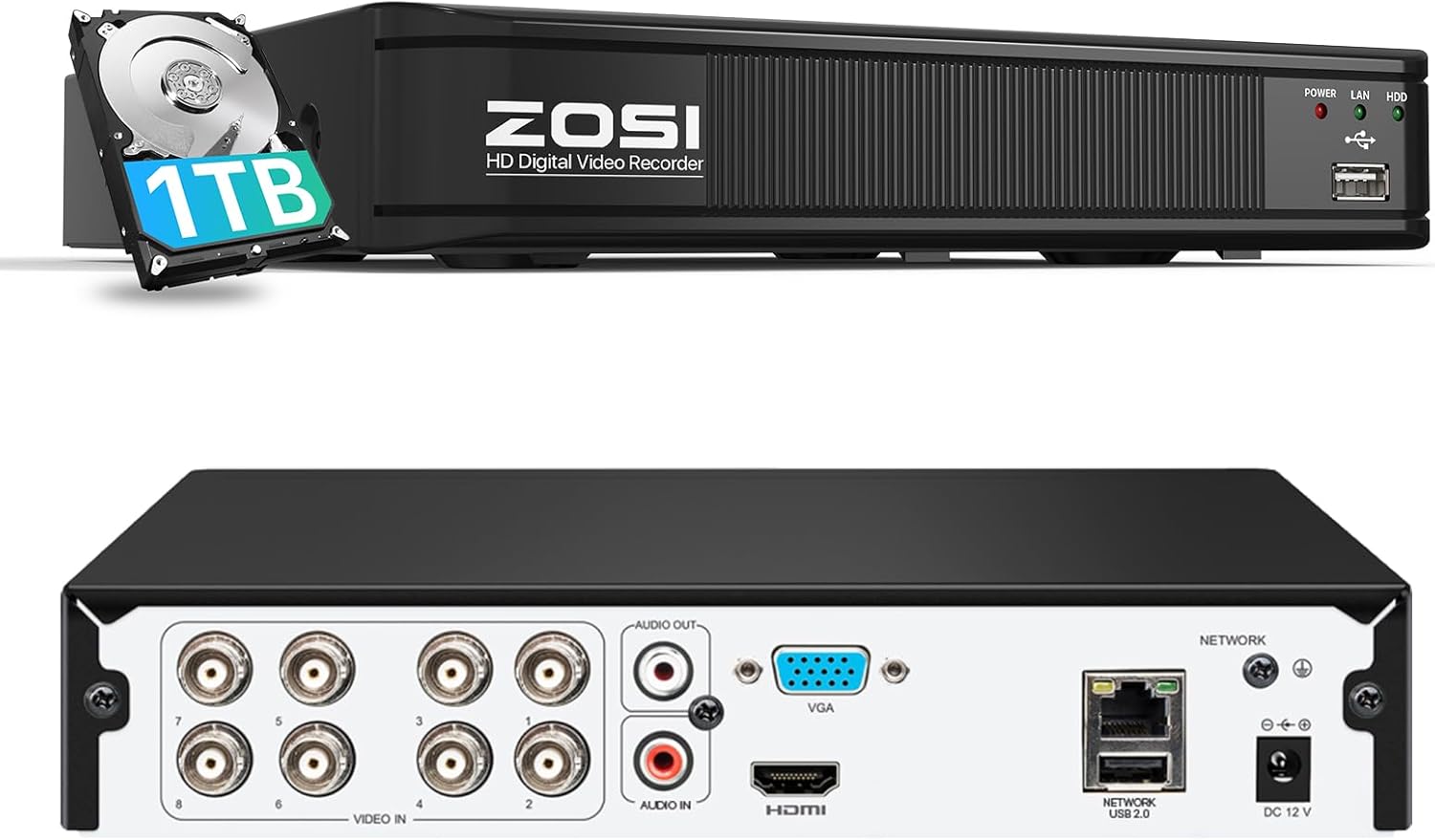 ZOSI H.265+ 5MP 3K Lite 8 Channel CCTV DVR Recorder, AI Human Vehicle Detection, Alert Push, Hybrid Capability 4-in-1(Analog/AHD/TVI/CVI) Full 1080p HD Surveillance DVR for Security Camera (1TB HDD)