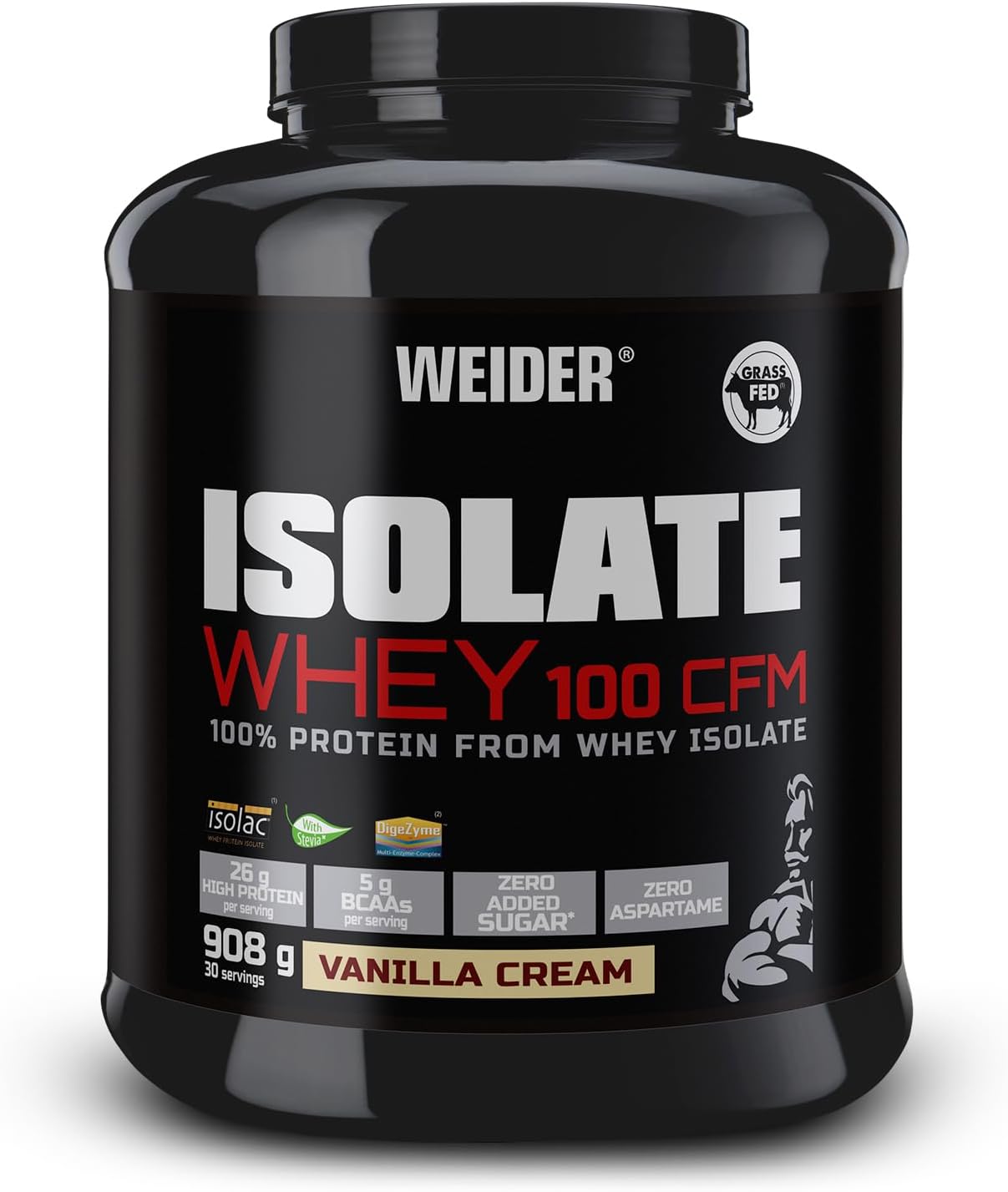 Weider Isolate Whey 100 CFM (908g) Vanilla Cream Flavour. Protein Powder with 25g Proteins and 5g BCAAs per Serving. Zero Added Sugar. Aspartame-Free.