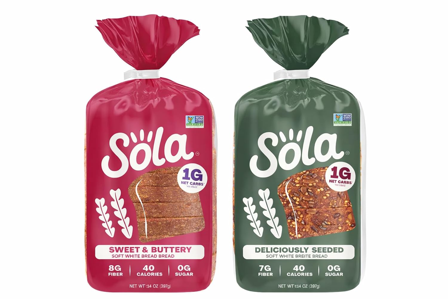 Sola Low Carb Bread Variety Pack (2 Pack) – Sweet & Buttery + Deliciously Seeded, 1g Net Carbs, 0g Sugar, Keto Friendly, 14 oz Each