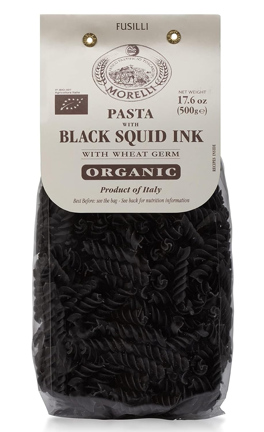 Morelli Squid Ink Black Pasta Noodles Fusilli (Rotini) - Organic Italian Pasta, Durum Wheat Semolina, Nero Di Seppia Made in Italy - 1.1 lb (500g) (12 pack)