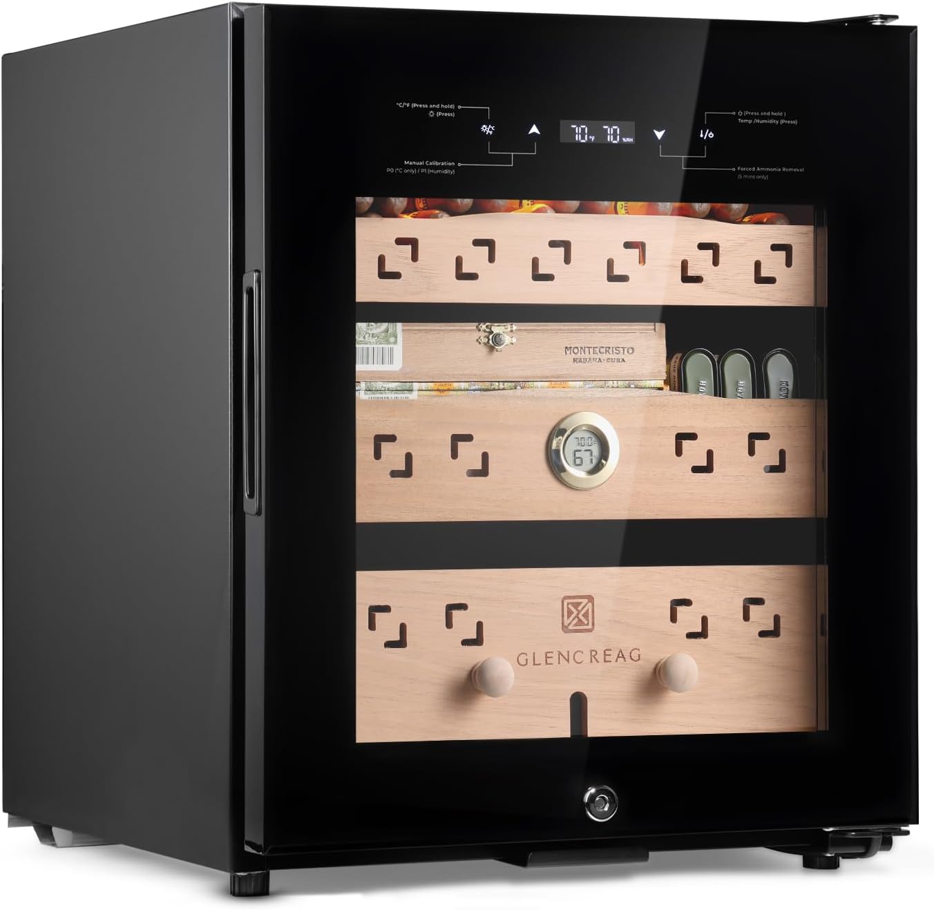 CM50D 50L Electric Cigar Humidor Cabinet with Compressor Cooling, 360° Circulation & Patented Ammonia Removal, Accurate Humidity & Temperature Control, Spanish Cedar Drawers, Lock & Light - 500 Counts