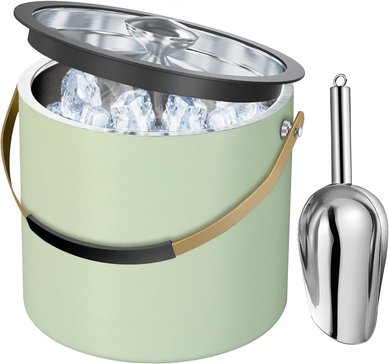 3.2L/3.4QT Stainless Steel Ice Bucket with Lid and Scoop, Double Wall Insulated Ice Bucket for Cocktail Bar and Parties (Mint Green)