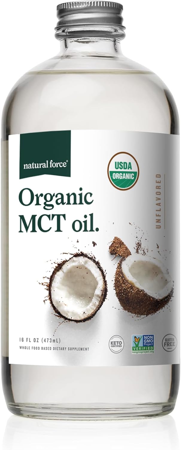 Natural Force Organic MCT Oil – Pure Glass Bottle – Made from 100% Virgin Coconut Oil + Certified Keto, Paleo, Kosher, Vegan & Non-GMO – Lab Tested for Quality and Purity - 16 Ounce