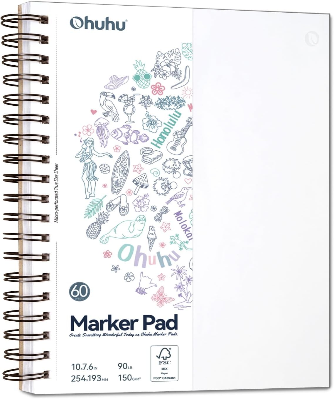 Ohuhu Double Sided Marker Pads Art Sketchbook Bleedproof - 7"x10" Large Paper Size - 90LB/150GSM Smooth Drawing Paper - 60 Sheets/120 Pages, Spiral Bound Sketching Book for Alcohol Markers Christmas