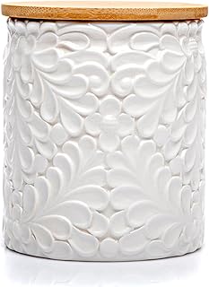 XXL 94 Oz Engraved Ceramic Kitchen Canister - Storage Jars with Airtight Lids Made from Bamboo with Nature-Inspired Engraving - Use as a Pasta Holder, Coffee Ground Holder, Rice Container, Candy Jar