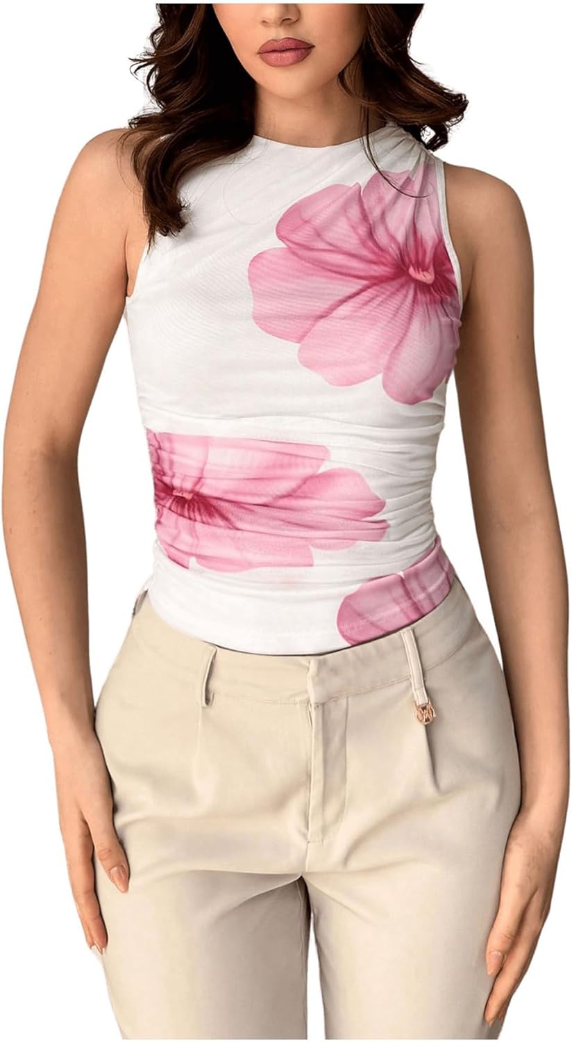 Milumia Women's Flower Print Mesh Top Sleeveless Mock Neck Ruched Tank Tops