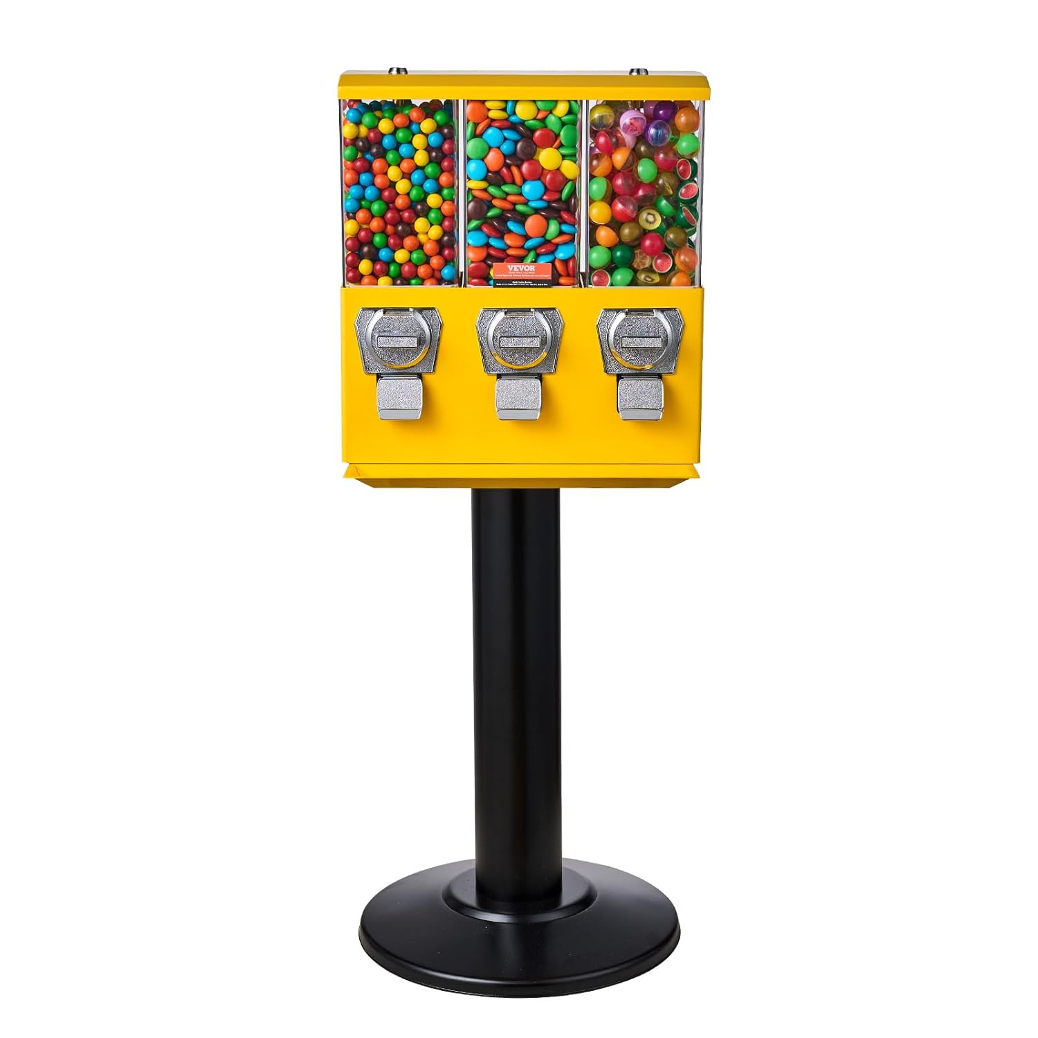 VEVOR Commercial Vending Machine, Triple Compartment Candy Dispenser with Iron Stand, Gumball and Candy Machine for Business, Coin Operated Gumball Bank for Toy Capsules Bouncy Balls Candy Nut, Yellow