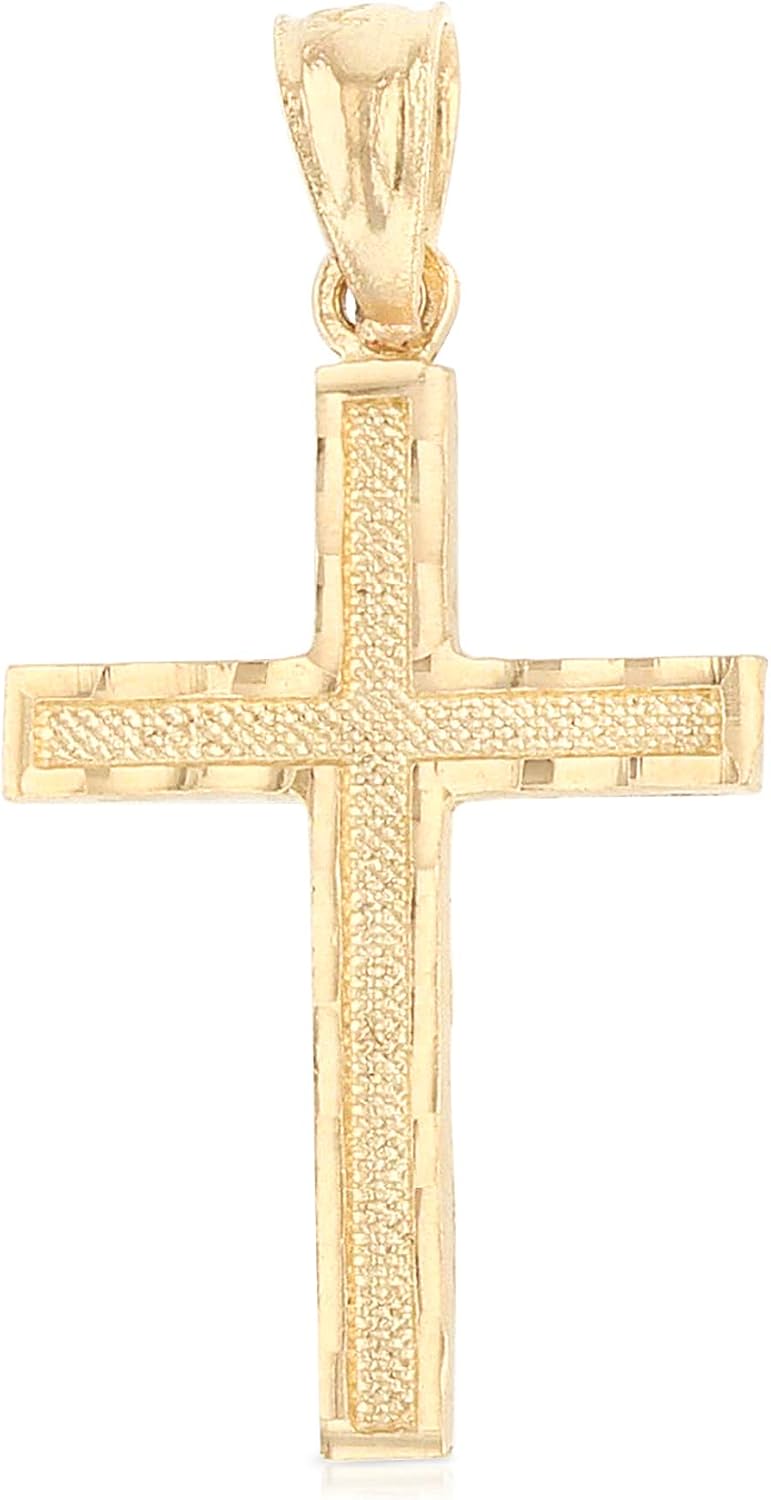 14K Yellow Solid Gold Cross Pendant for Men or Women in Two Sizes – 14 Karat Small Jesus Charm for Necklace or Chain – Thin Crucifix Jewelry Gift for Baptism, Confirmation, Christian, Religious or Everyday Wear