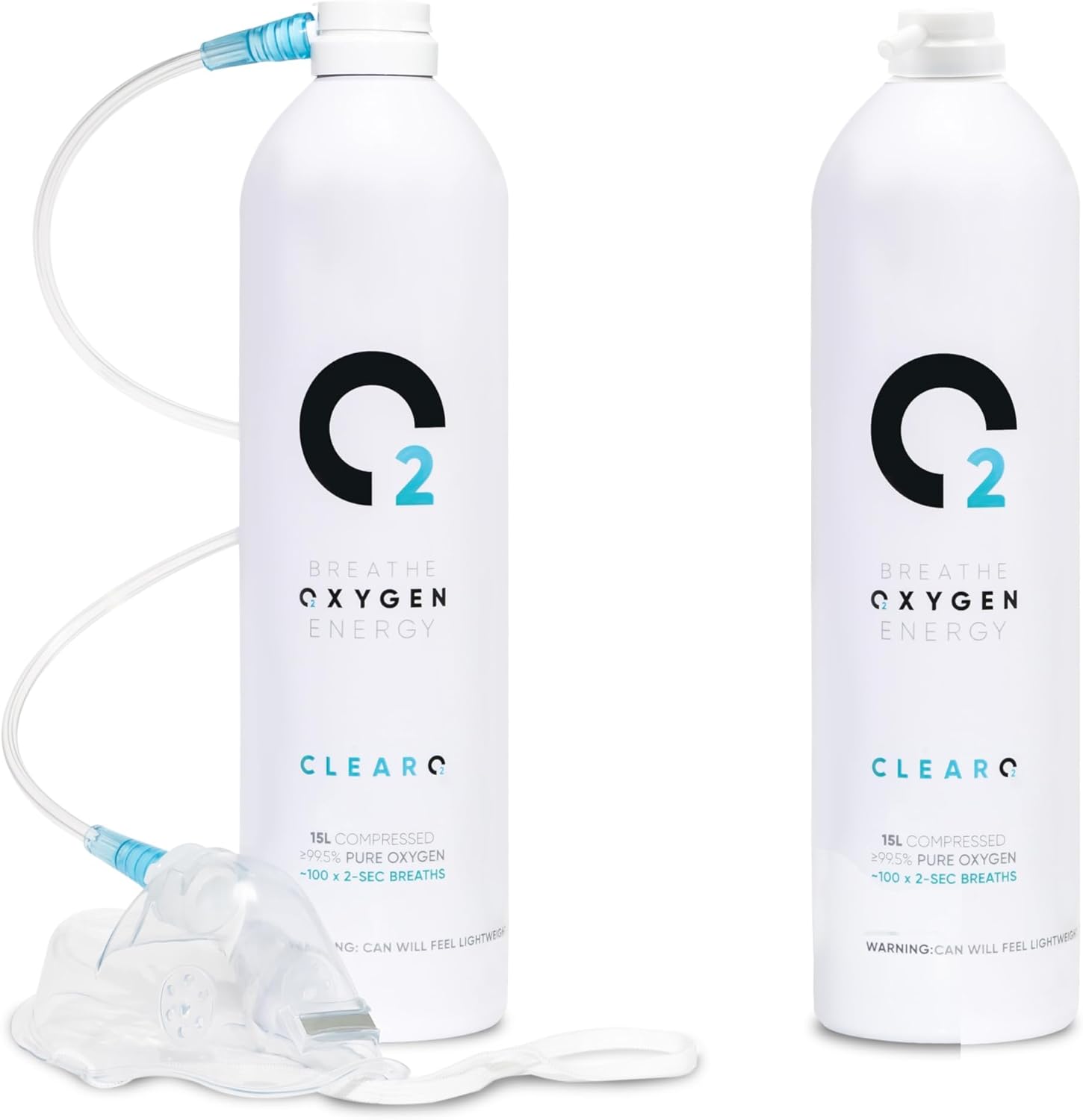 ClearO2 30L Oxygen Can with Mask and Tube | Pure Breathing Oxygen in a Lightweight Aluminium Canister | Made in Britain (Mixed, 15 l (Pack of 1 Full Kit + 1 Replacement Can)