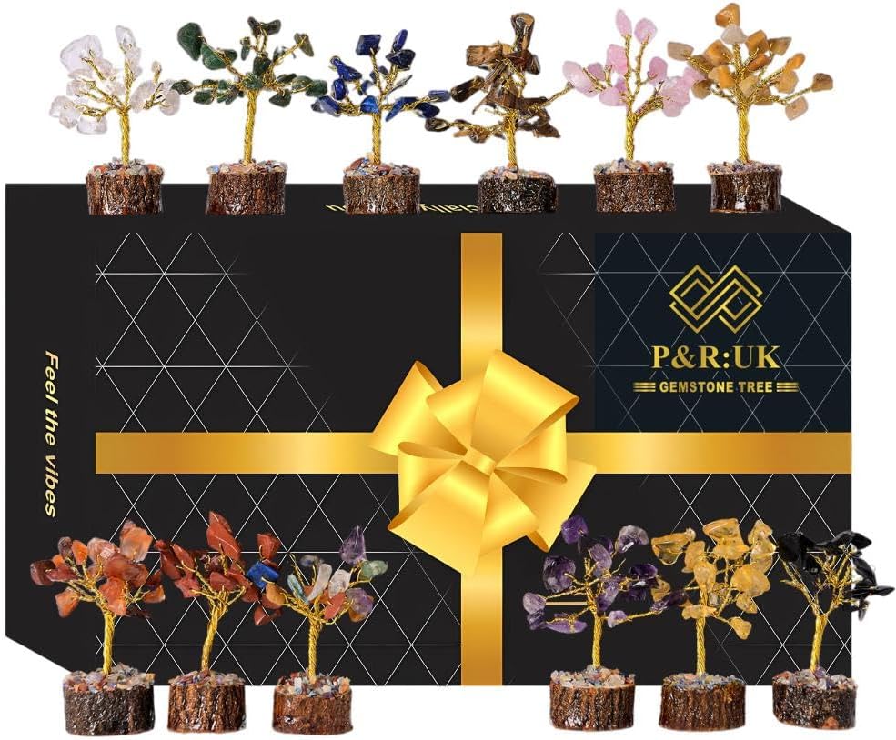 P&R:UK Crystal Tree Gift for Women - Set of 12 Handcrafted Tree of Life Chakra Healing Crystals & Stones for Positive Energy, Good Luck - Perfect Home and Office Decor - Birthday Gifts for Mom & Dad
