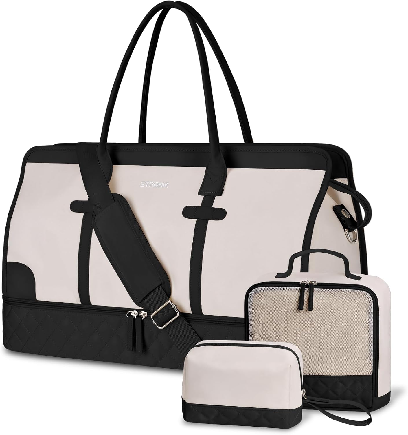 ETRONIK Weekend Overnight Bag for Women, Large Travel Duffle Bag with Shoe Compartment & Wet Pocket, Carry On Tote Bag Gym Duffel Bag with Toiletry Bag, Bag for Hospital 3 Pcs Set,Black White