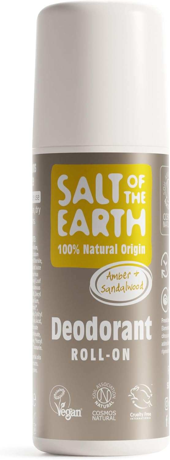 Salt of the Earth - Natural Deodorant Roll On - 100% Natural Origin Ingredients, Effective Protection, Vegan & Cruelty Free. Suitable for Men, Women & Kids - Amber & Sandalwood - 75ml
