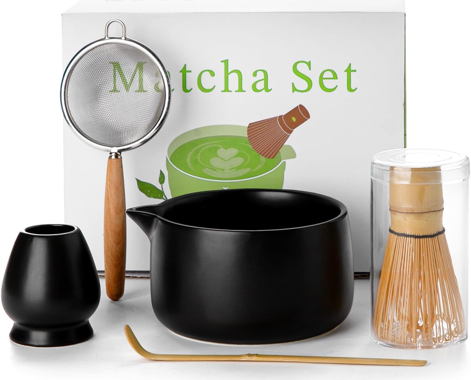 20OZ Matcha Whisk Set - 5PCS Matcha Set Includes Macha Bowl with Spout, Bamboo Whisk with Ceramic Holder, Bamboo Scoop and Sifter, Matcha Kit for Ceremony, Gift for Matcha Lovers (Matte Black)