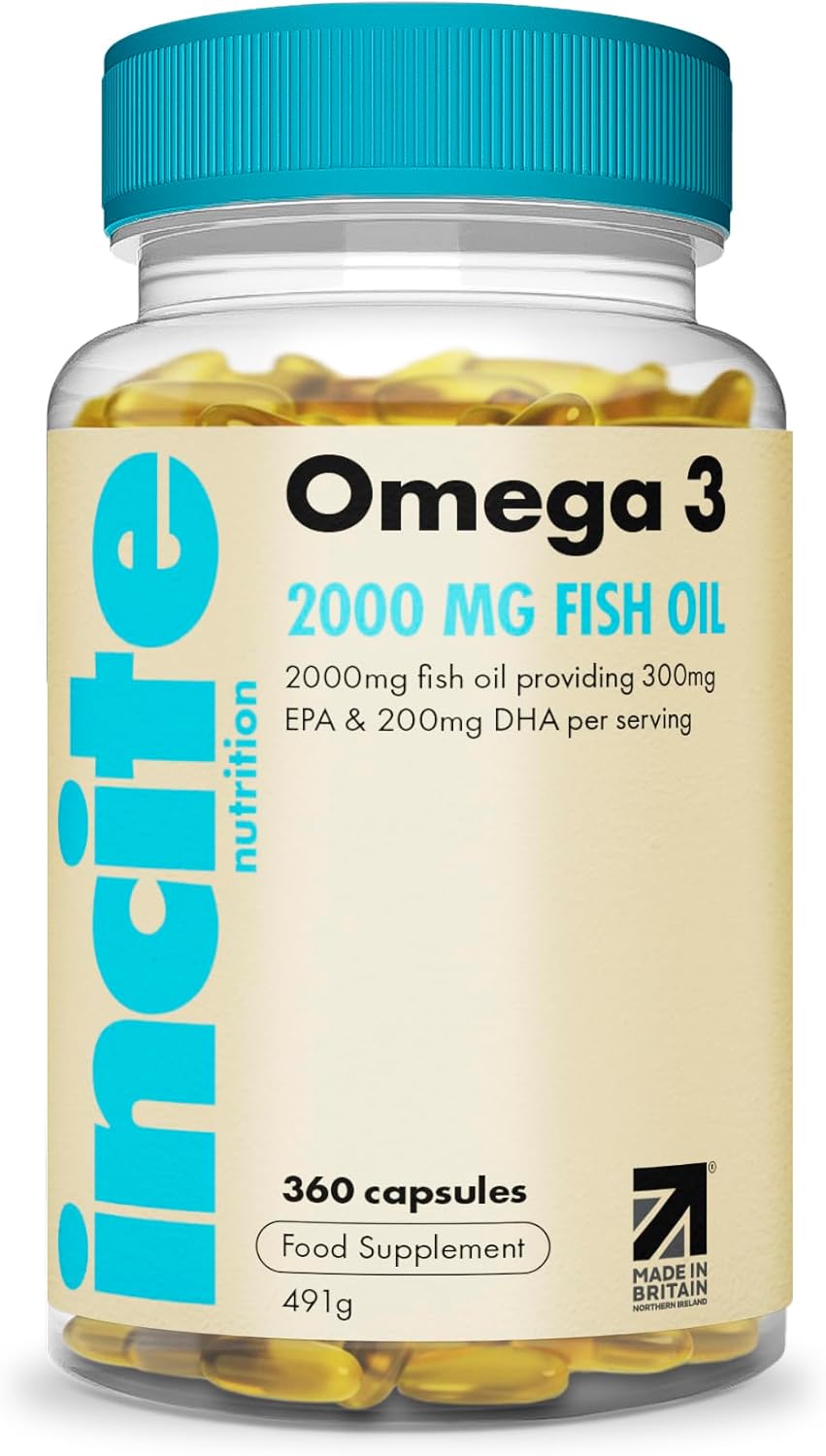 Incite Nutrition Omega 3 Fish Oil Capsules 2000 mg. 360 Softgels. 6 Month Supply of High Strength Omega 3 Fatty Acids with EPA & DHA. Non-GMO, UK Made, No Fishy Aftertaste
