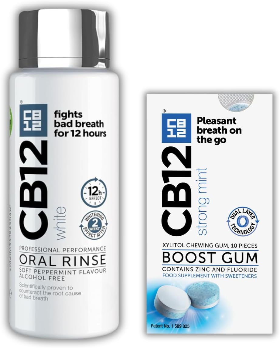 CB12 White Mouthwash, Whiter Teeth After 2 Weeks, Pleasant Breath for 12 Hours, 250 ml & Boost Chewing Gum – Instant Freshness on The Go, Prevents Bad Breath, Sugar-Free, Cool Mint Flavour – 10 pcs