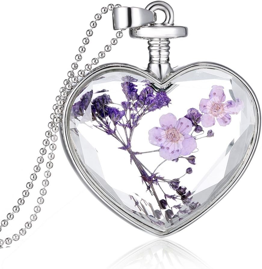 Feilok Classic Heart-Shaped Transparent Crystal Women Chain Long Pendant Necklace with Lavender Dried Flower…
