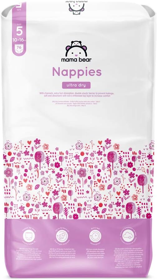 Amazon Brand - Mama Bear Ultra Dry Nappies, Size 5 (10-16 kg), 76 Count, White