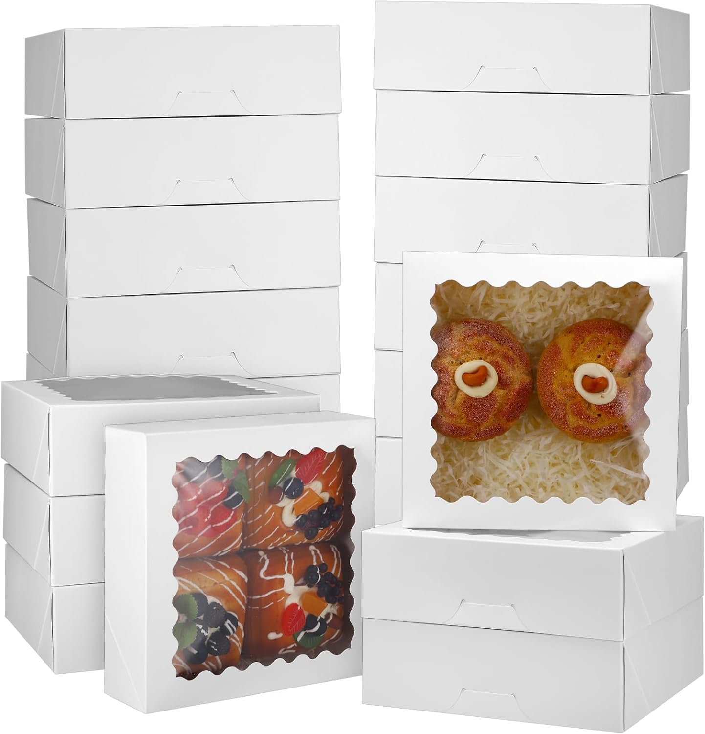 saerryor 16 Pack White Cookie Boxes with Window 25.5x25.5x6.5cm, Bakery Boxes Pre Folded Gift Packaging Box for Pastry Macaron Dessert Biscuit Chocolate