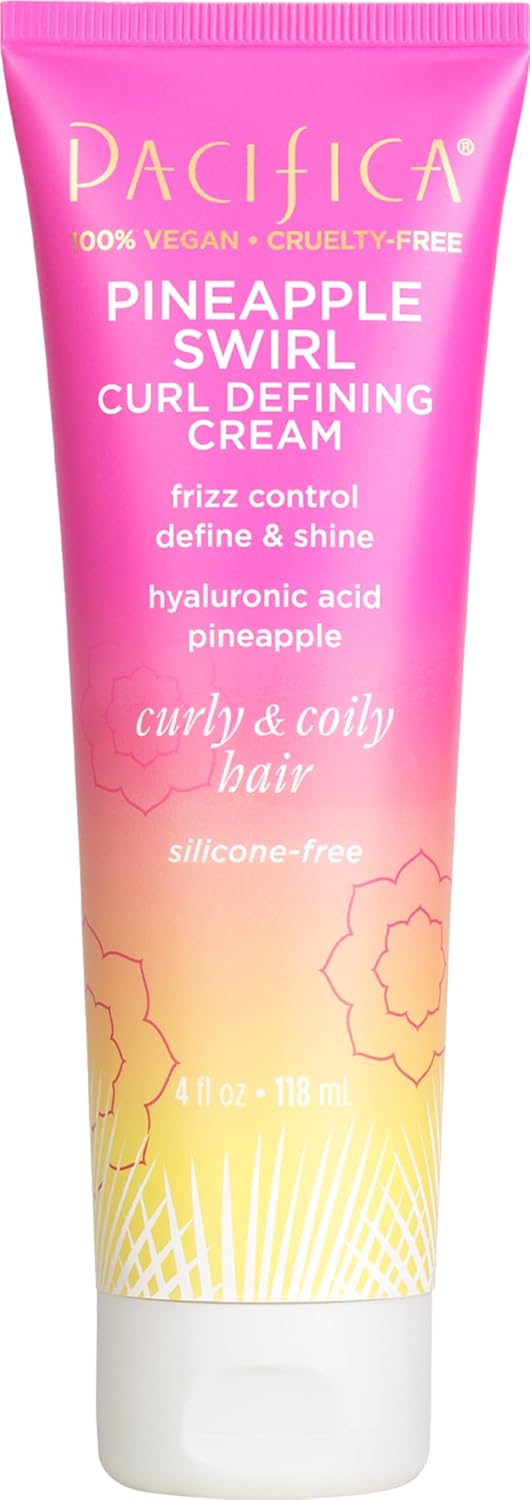 Pacifica Pineapple Swirl Curl Defining Cream for Curly Hair 4 oz – Frizz Control & Curl Enhancer Styling Cream for Curly & Wavy Hair Coconut Oil & Hyaluronic Acid Defines & Adds Bounce Without Crunch