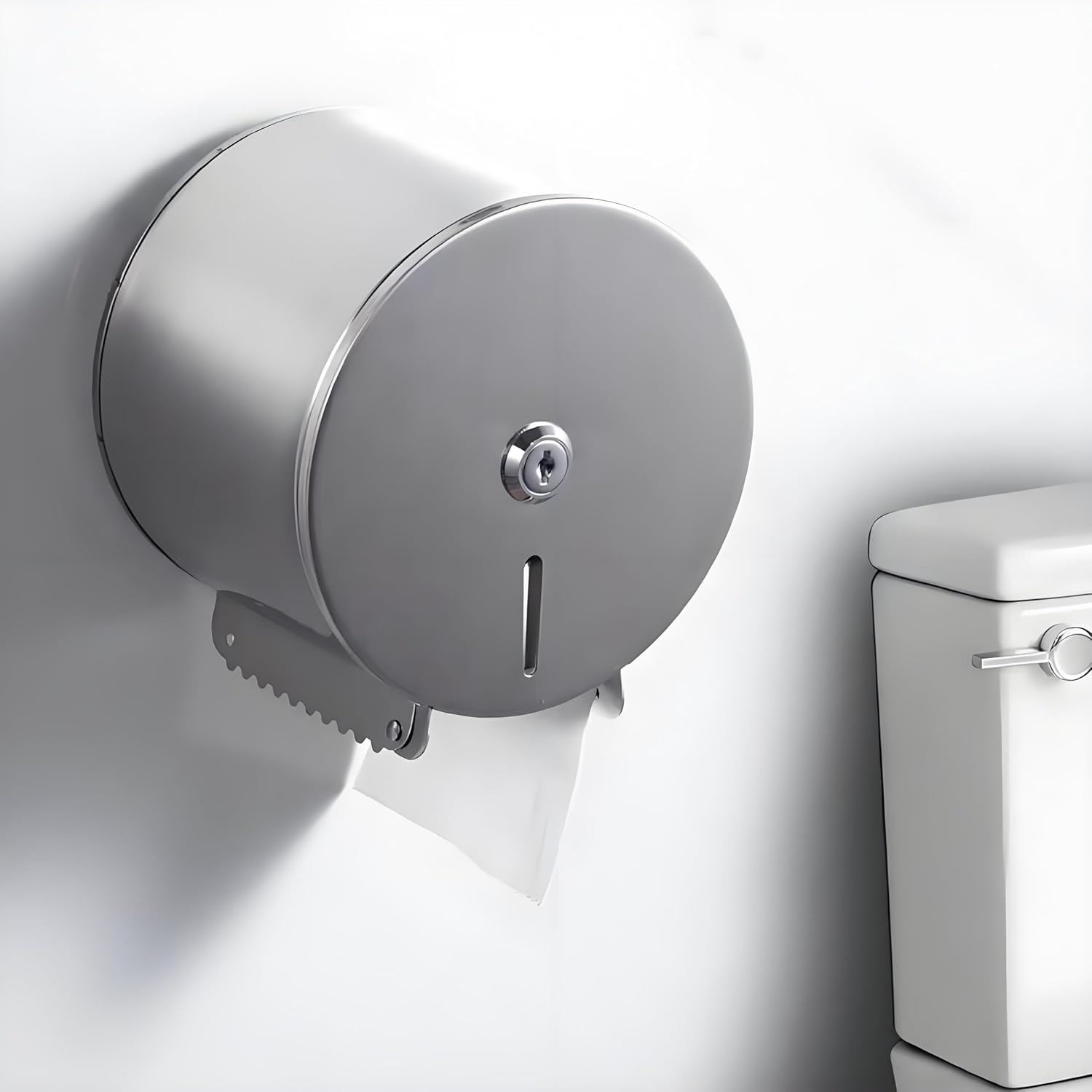 NICEME Toilet Roll Holder – Stainless Steel Hand Towel Dispenser Lockable – Public Toilet Paper Dispenser – Towel Dispenser Including Mounting Material – Diameter 149 mm Centre Axis 30 mm – Silver