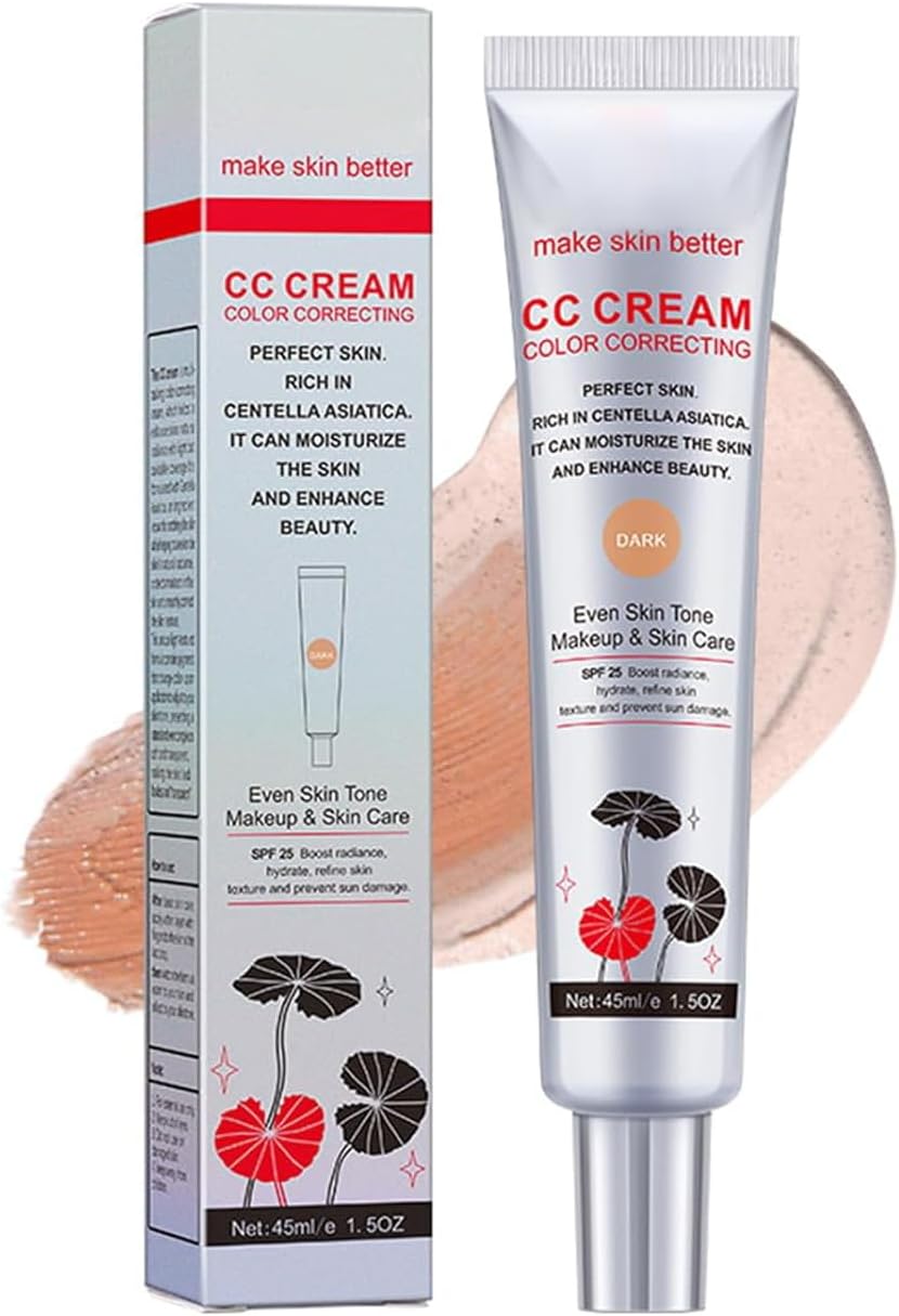Color Correcting CC Cream with Centella Asiatica Full-Coverage Foundation with SPF 25, Even Skin Tone Makeup and Skin Care, Long Lasting and Hydrating color changing foundation Concealer, Dark 45ml