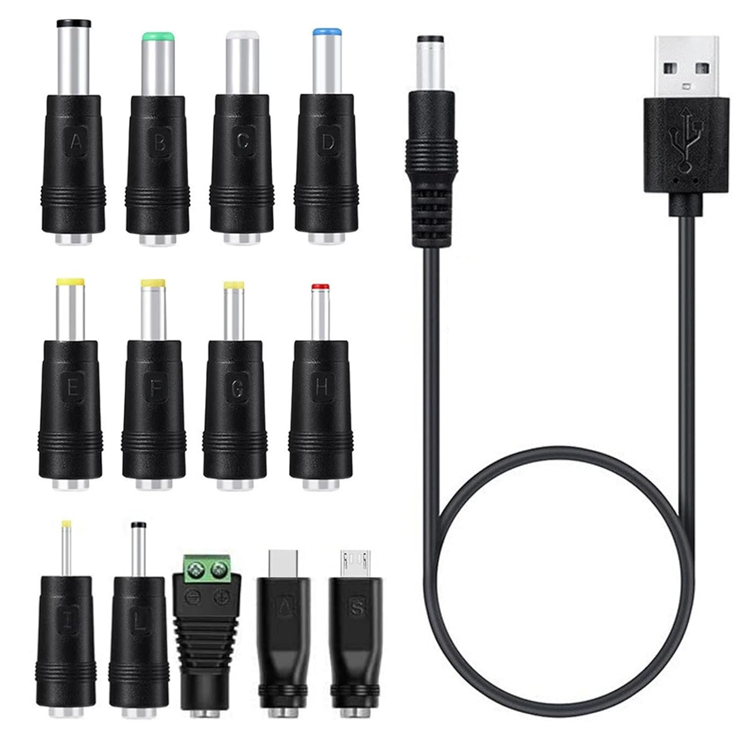 Vernerth USB to DC Power Cable – Universal DC5V Charger Cable with 13 Tips, Plug-and-Play Barrel Jack Adapter for Laptops, Routers, Keyboards, Portable Devices, Easy Fast Charging Cord