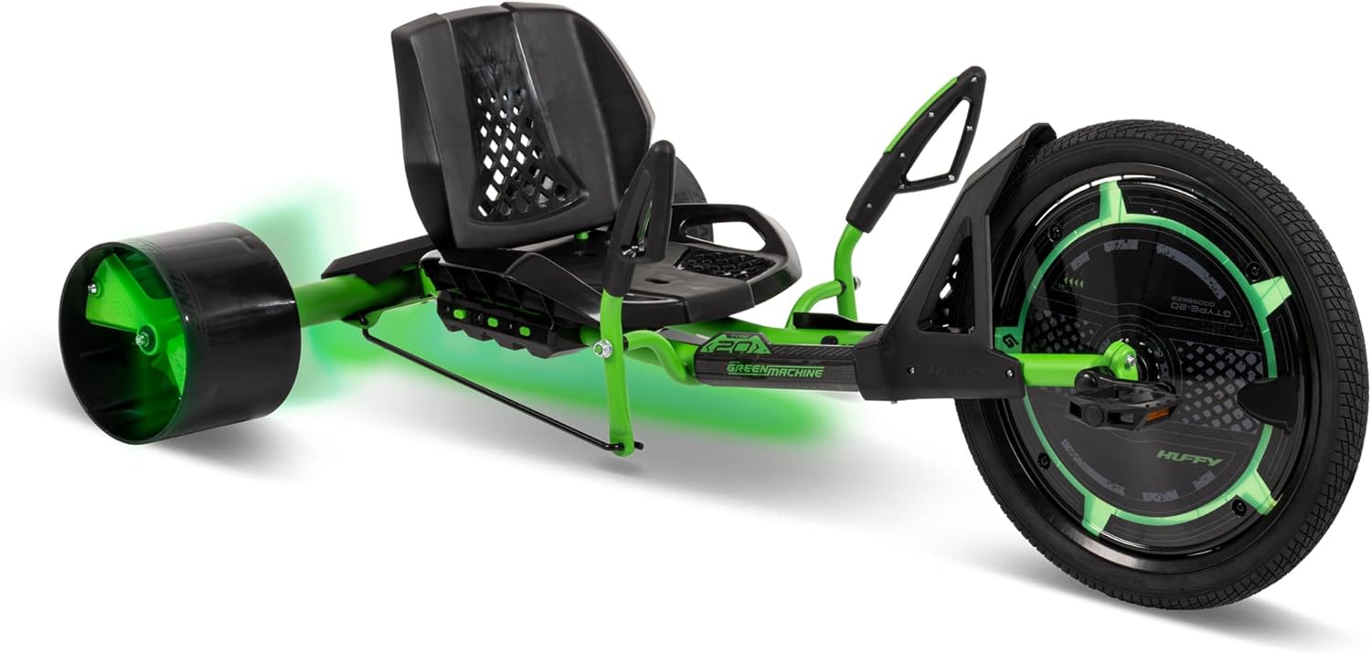Huffy Green Machine 20 Inch Drift Trike, Sleek Ergonomic Design, Adjustable Seat, Durable Steel Frame, Easy to Operate, Drift Trike for Kids Ages 8+, LED Light Accents, Coaster Brake, Green and Black