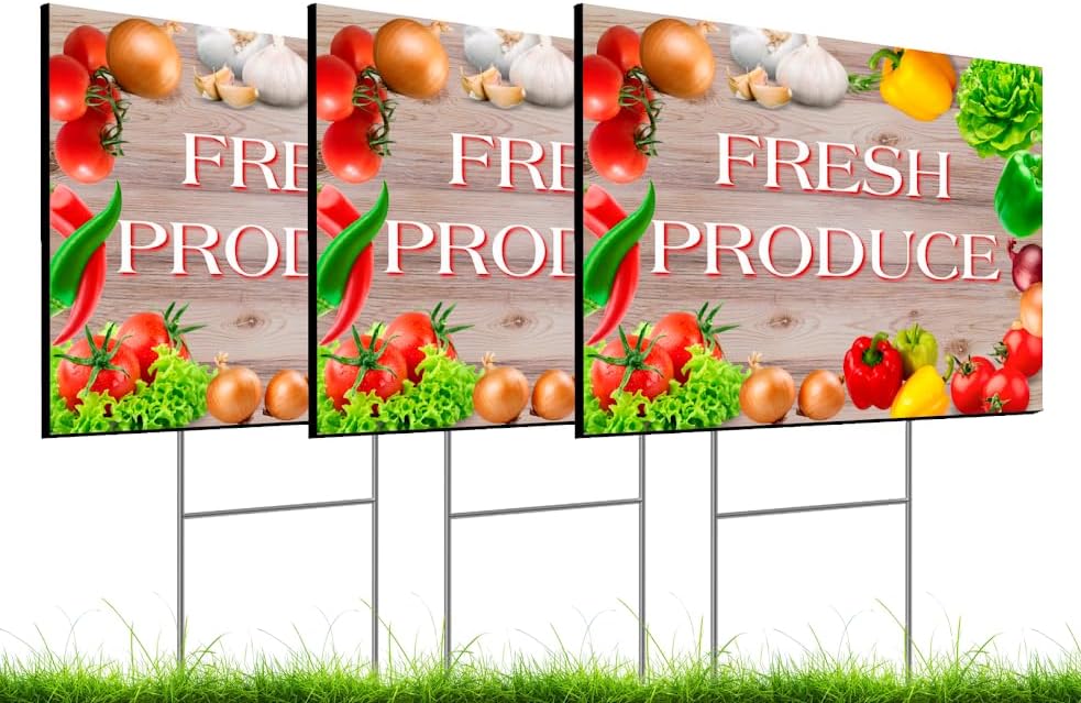 Set of 3 Double Sided 12x16 Inches Fresh Produce Sign with Metal H-Stakes - Vegetable Sign Outdoor or Indoor Yard Signs - Plastic Fresh Produce Event Signage for Outside Business