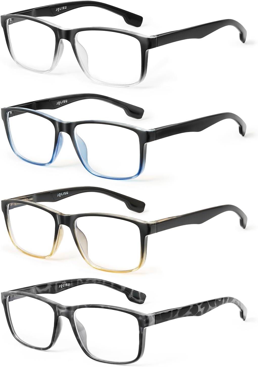 4 Pack Reading Glasses Men Blue Light Blocking with Spring Hinge, Anti Eyestrain/UV Large Wide Square Computer Readers