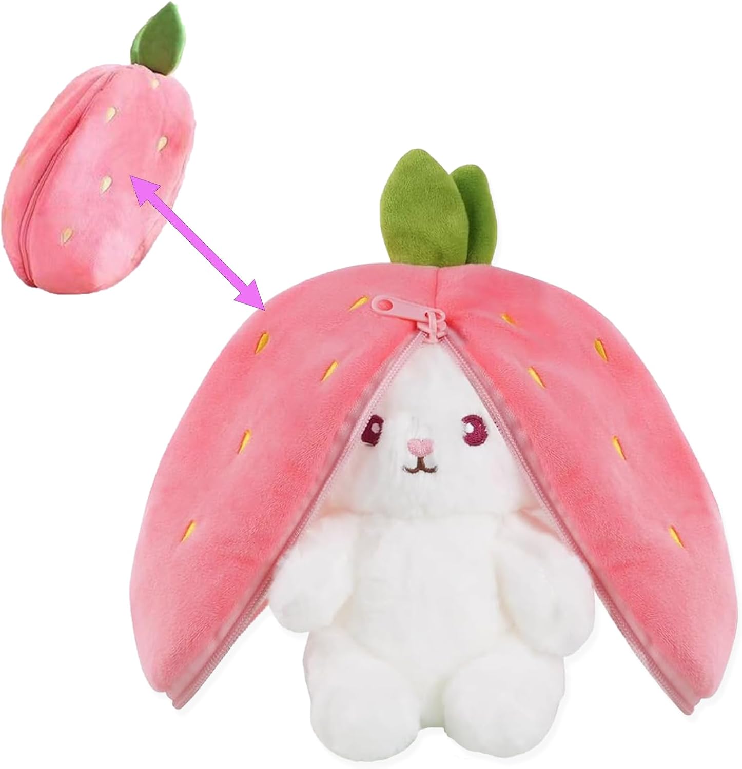 Irunfast 23CM Easter Bunny Plush Toy, Reversible Bunny Strawberry Plushie Toys with Zipper, Soft Easters Strawberry Bunnys Stuffed Animal Toy Easter Bunnys Teddy for Festive Decoration