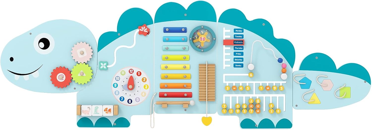 Dinosaur Sensory Wall, 11 in 1 Wooden Montessori Busy Board Panel, Toddler Wall Mounted Activity Center, Educational Toys Learning Gift for Boys Girls (Blue)