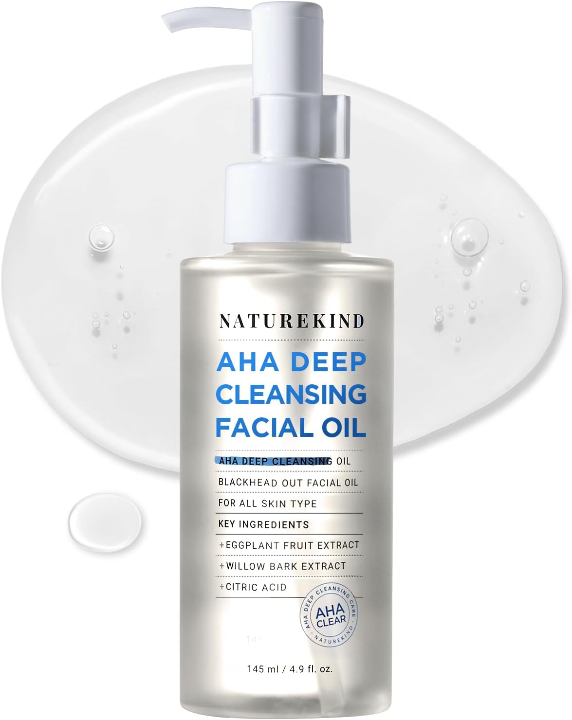 NATUREKIND AHA Deep Cleansing Facial Oil with Jojoba Oil, Tea Tree Oil, PHA and Centella Asiatica, Korean Blackhead Remover, Pore Cleanser and Sebum Remover 145ml