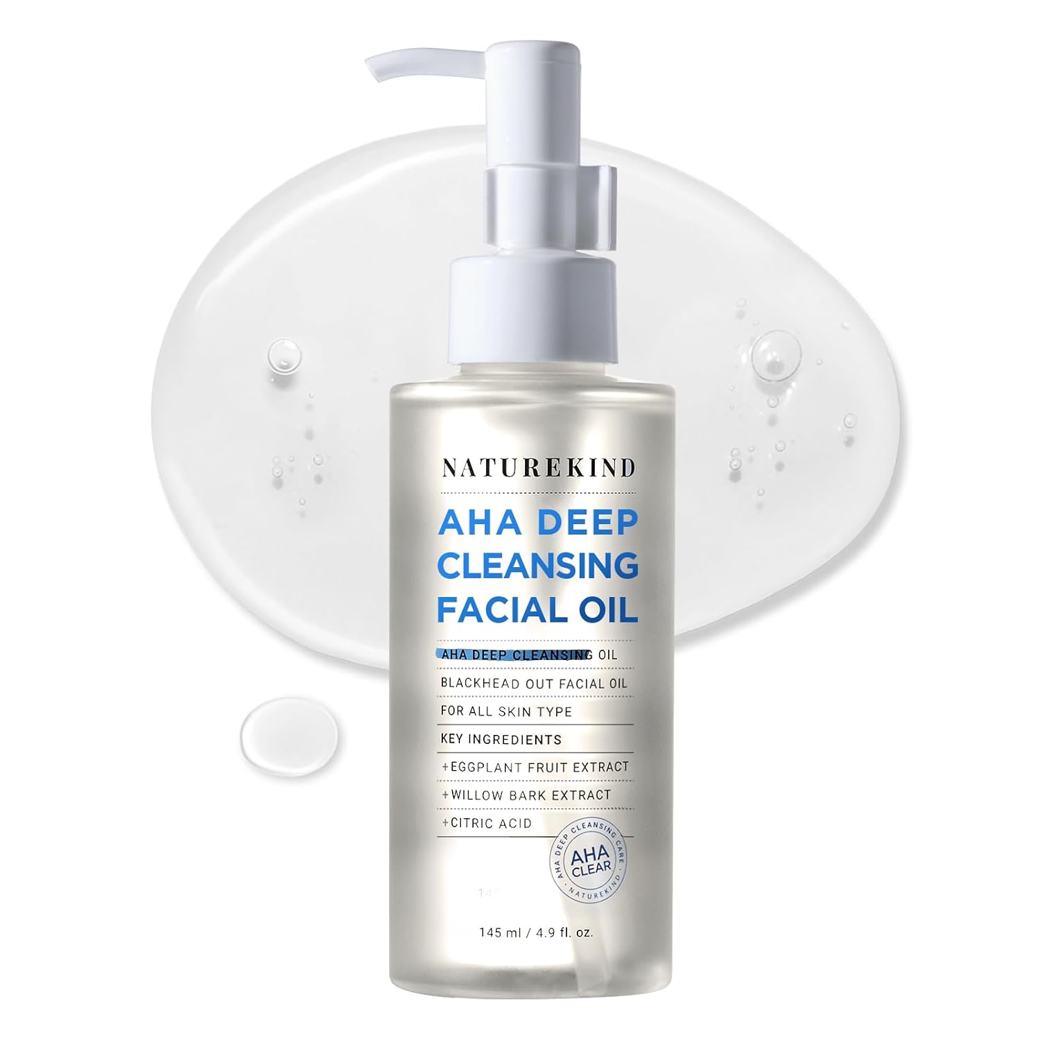 AHA Deep Cleansing Facial Oil with Jojoba Oil, Tea Tree Oil, PHA and Centella Asiatica, Korean Blackhead Remover, Pore Cleaner and Sebum Remover, 145ml, 4.9 fl. oz.