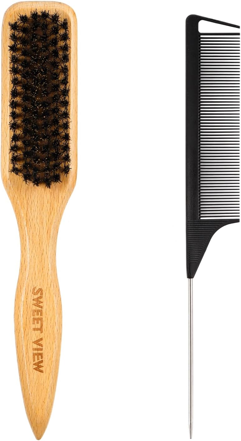 Boar Bristle Slick Back Hair Brush for Smooth Flyaways, Frizz, Sleek Ponytail, Buns and Edge Baby Hair, Teasing | Gel Comb, Styling Accessories for Girls, Kids and Women