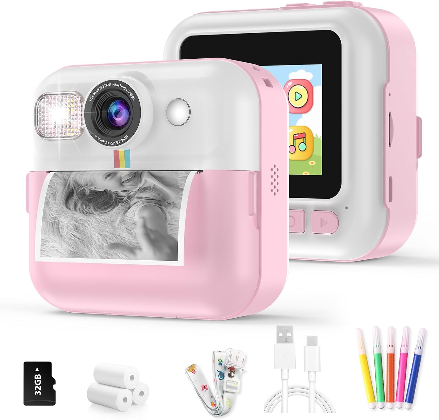 BOFIDAR Kids Instant Print Camera, 1080P Kids Digital Camera with 3 Rolls Photo Paper & 32GB Card, Toddler 3-10 Year Old Girl Birthday Gifts, Childrens Funny Toys for Boys(Pink)