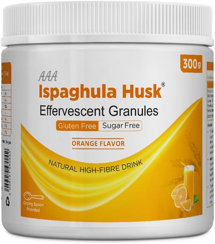 AAA Ispaghula Psyllium Husk Powder Orange Flavor– 300 gm |Natural High Fibre Drink | Effervescent Granules