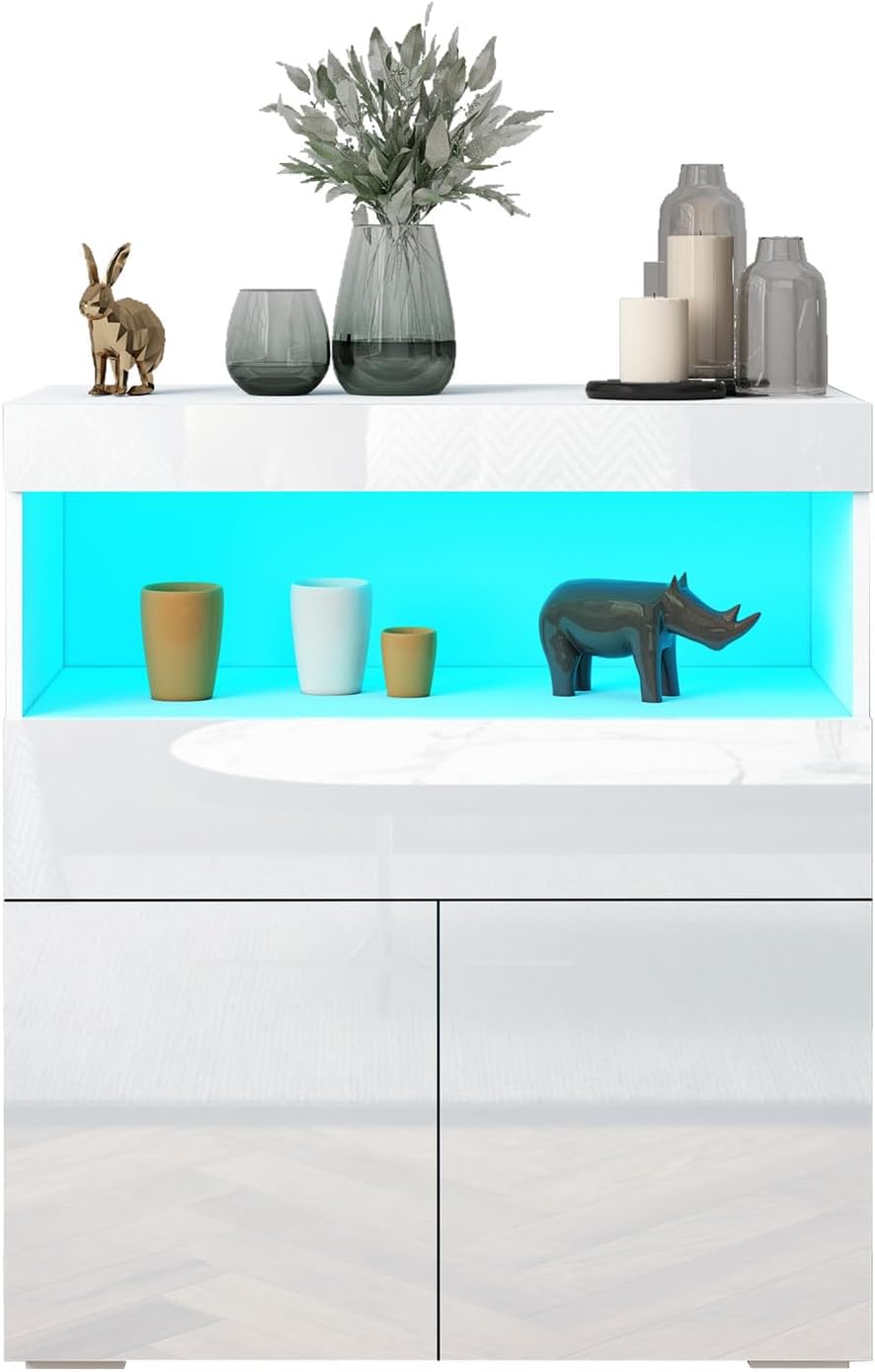 Sideboard Modern Cabinet Storage Unit with 2 Doors 1 Drawer and Shelf 16 Colors LED Lights TV Cabinet Cupboard Unit for Living Room Dining Room Home Furniture White