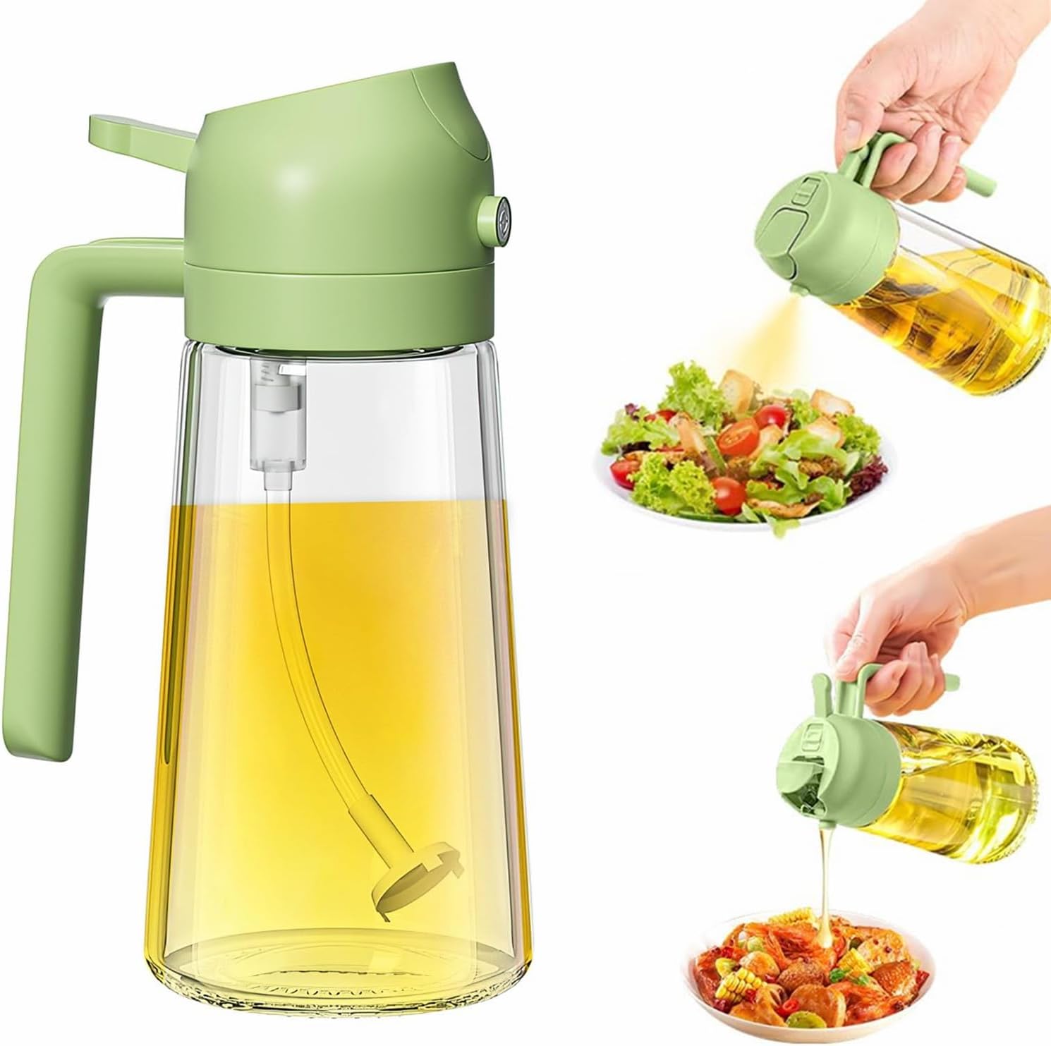 enttgo Oil Sprayer for Cooking,2 in 1 Olive Oil Dispenser Bottle for Kitchen,17oz/500ml Premium Glass Oil Bottle,Food-grade Oil Mister for Air Fryer,Salad,Frying,BBQ(Green)