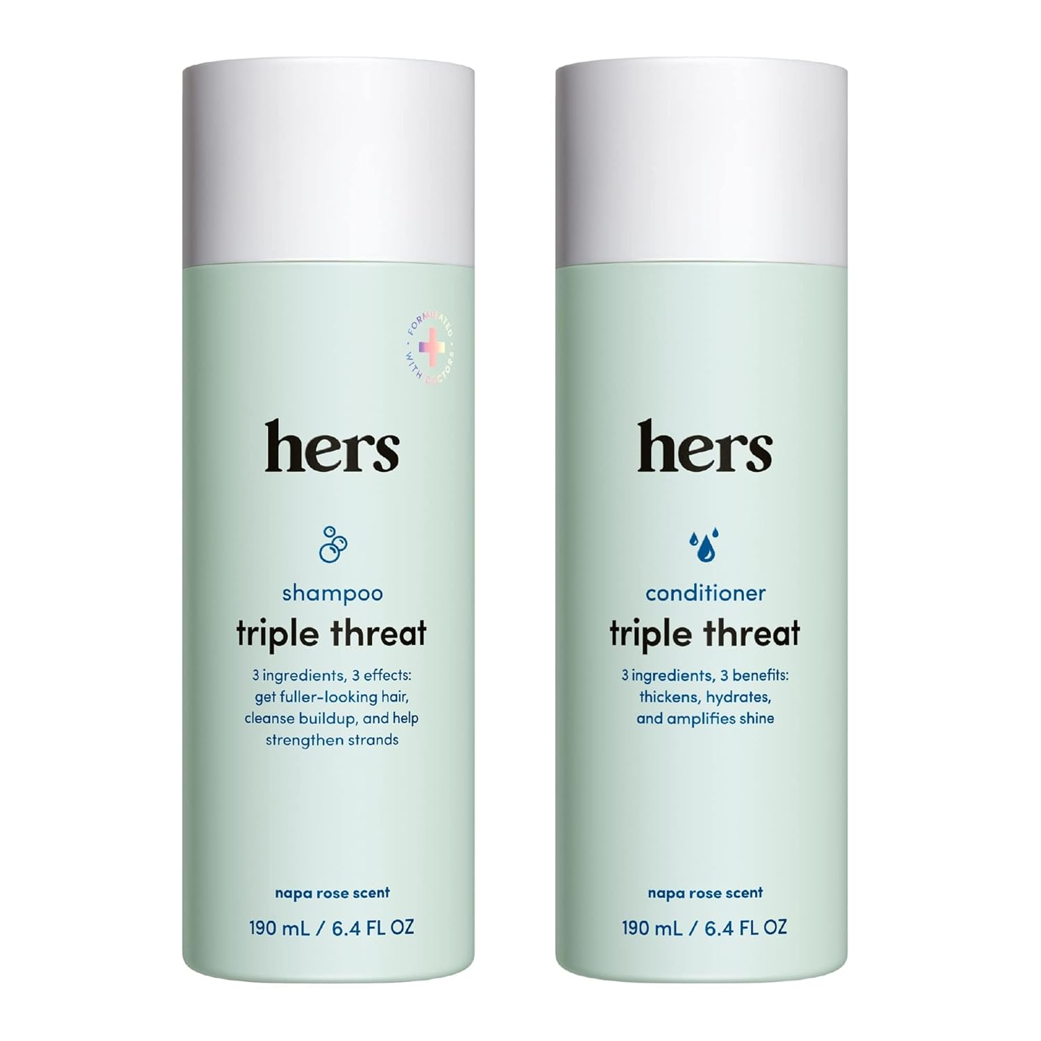 hers Triple Threat Shampoo and Conditioner Set for Women- Thickening, Moisturizing, Reduces Shedding- Color Safe Hair Loss Shampoo and Conditioner- 2 pack, 6.4oz