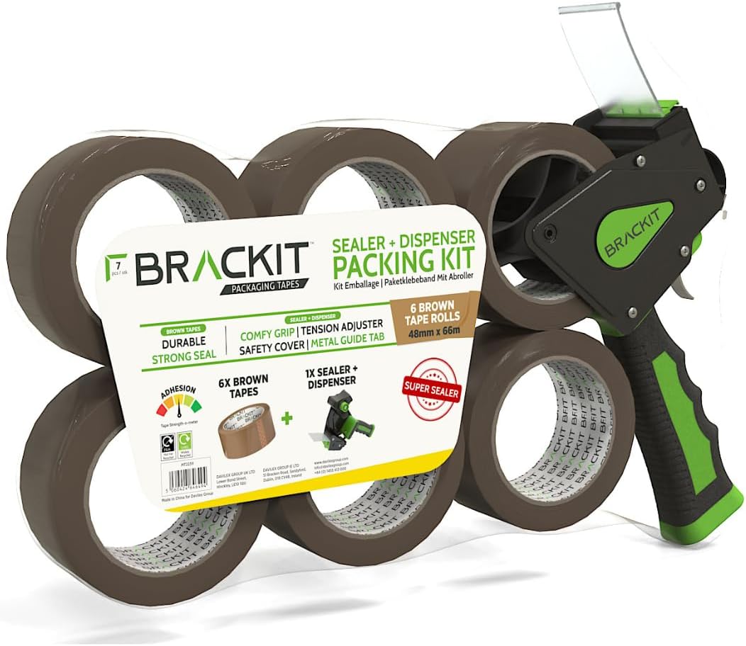 Brackit Packing Tape with Dispenser, Brown 48mm x 66m, Pack of 6 Rolls – Strong Heavy Duty Packing Tape for Regular Use or Moving – Easily Seals Your Parcels and Boxes - Packaging Tape Dispenser