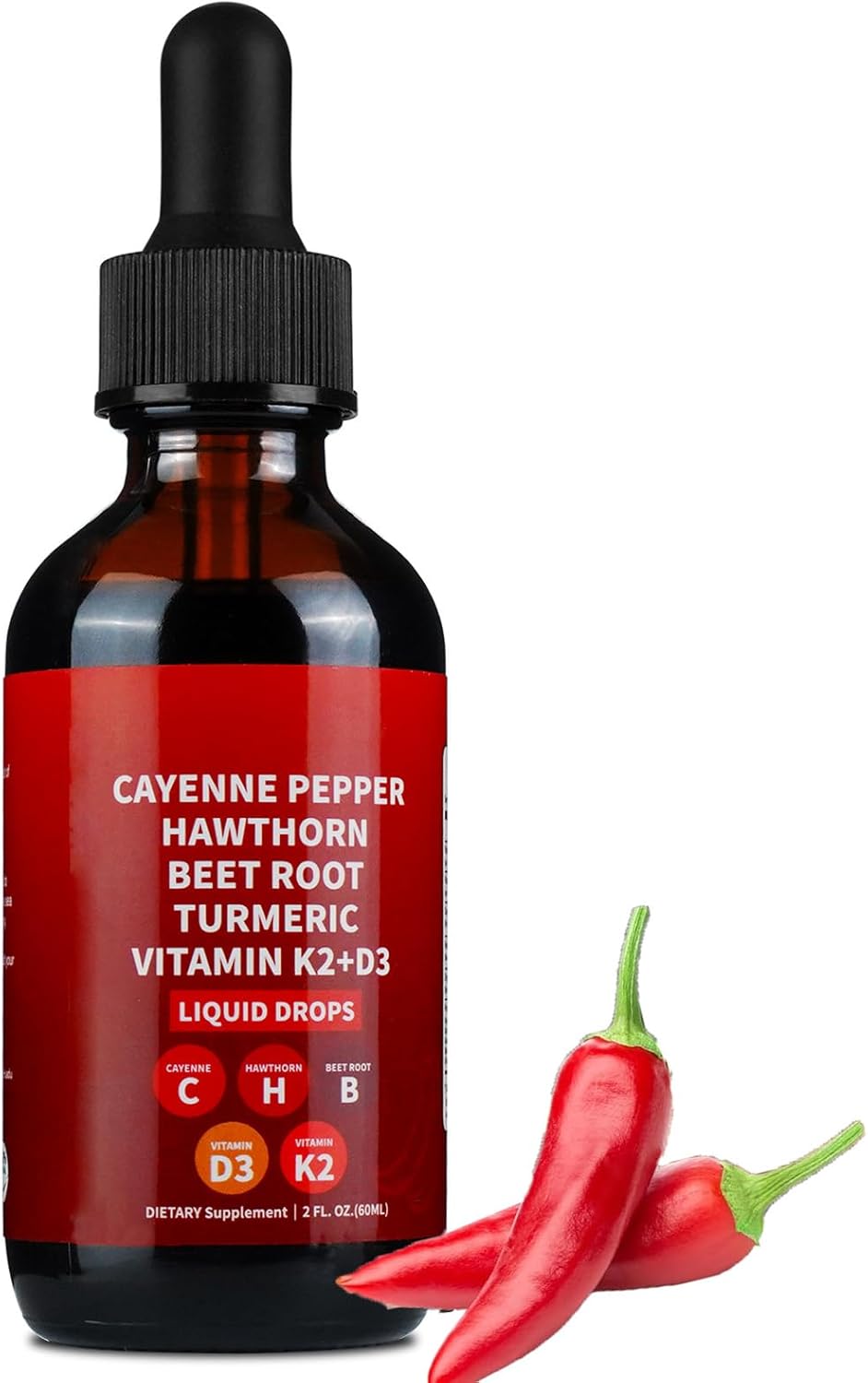 Cayenne Pepper Drops, Cayenne Pepper Hawthorn Beet Root Turmeric Curcumin, Vitamin K2 & D3, Cayenne Health Supplements, Gentle Formula, Vegan-Friendly, Easily Absorbed - 60ml