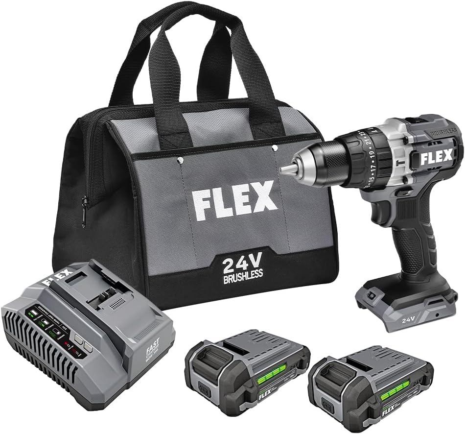 FLEX 24V Brushless Cordless 1/2-Inch 750 In-Lbs Torque 2-Speed Hammer Drill Kit with (2) 2.5Ah Lithium Batteries and 160W Fast Charger - FX1251-2A
